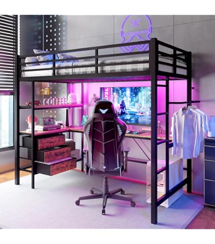 Lit Mezzanine Enfant 140x200 Avec Bureau, Leds Et Rangements - Espace Maxi Pour Dormir, étudier Et Jouer !