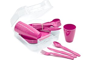 STEPHANS MÖBELBÖRSE 31-teiliges Picknick-Set, Picknickkorb und Mehrweggeschirr für 6 Personen, idealer Picknickkoffer für Camping, Strand, Wohnmobil, und Rucksackreisen (Pink)