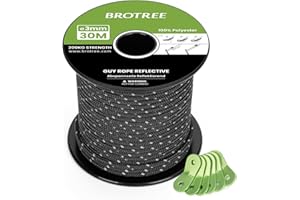 BROTREE Tent Guy Rope 3mm 30m Reflective Guy Line Heavy Duty Guide Rope with 6Pcs Aluminum Tensioners for Tent Gazebo Awning Camping (Black)
