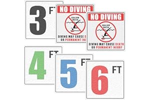 SMARSTICKER 6x6 inch Swimming No Diving Shallow Water Pool Warning Stickers 3 FT 4FT 5FT 6FT Pool Depth Number Markers Sign Labels Non-Slip Adhesive Pool Safety Marker Decor