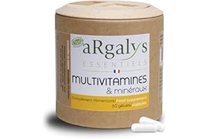 Multivitamines et minéraux (2 mois) - 20 Nutriments - Vitamines A, B, C, D3, E, K1 et H - Iode, Sélénium + Magnésium - Homme/Femme - Vegan - 60 gélules fabriquées en France - Argalys Essentiels