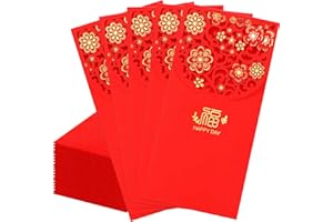 JREMREO 20 Pcs Chinese New Year Red Envelopes, 3.4 x 7 Inches Large 福 Hong Bao Lucky Money Cash Envelopes, Elegant Floral Design Red Packets Lai See for Spring Festival, Lunar New Year, Weddings, Birthdays