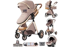 MoLi Passeggino Trio, Passeggino 3 in 1 con Doppia Modalità Push Reversibile, Trio Passeggino Neonati con Grande Navicella, Carrozzina per Neonati in Alluminio Pieghevole (225 Khaki)