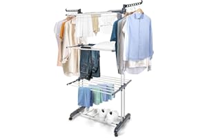 Andizun Updated Airer Clothes Drying Rack, 4-Tier Foldable Clothes Hanger Adjustable Large Stainless Steel Garment Laundry Racks, Laundry Dryer Hanger with Casters for Indoor Outdoor