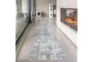 HUGEAR Machine Washable Runner Rug 60 x 180 cm Grey Hallway Area Rugs Indoor Accent Rug Modern Abstract Low Pile Distressed Throw Living Room Dining Room Kitchen Non-Slip