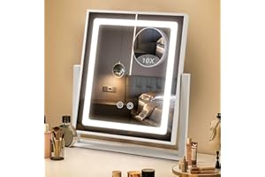 AZYVUM Lusterko do makijażu ze światłami 3 kolory ściemniane z 10-krotnym lustrem powiększającym, Hollywood lustro z 3 kolorami LED ściemnialne lustro stołowe Hollywood ekran dotykowy regulowany 360 stopni