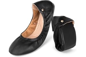 OFFCUP Roll up Shoes, Black Leather Ballet Flats, Portable Round Toe Slip On Dolly Shoes, Ballet Pumps for Women Ladies for Weddings and Parties Work Office Formal