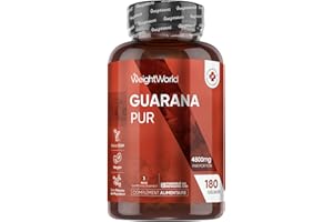 WEIGHTWORLD Guarana 4800 Mg - 180 Gélules Vegan pour 3 Mois - Source Naturelle de Caféine, Vitamine C, E, A, B1, B2, Calcium - Alternative au Guarana en Poudre & Café Régulier, sans Stéarate de Magnésium
