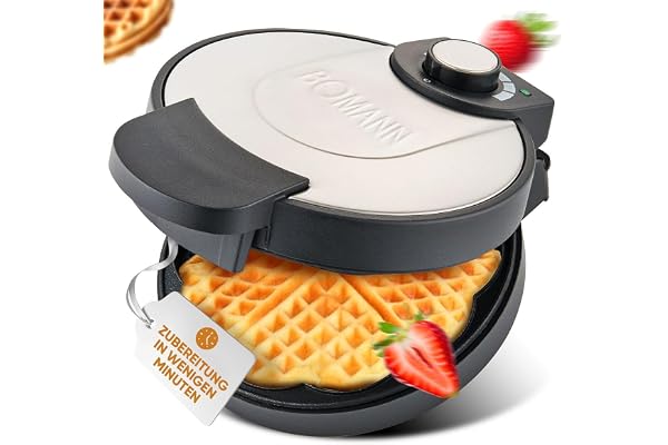 Bomann® Gaufrier avec Ø 18cm surface de cuisson antiadhésive | Gaufrier en forme de cœur |avec degré de brunissage réglable en continu |Waffle Maker avec insert en acier inoxydable |1000W| WA 1365 CB