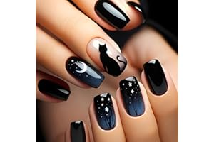 ZOEYSHINE Halloween Press on Nails - Black Cat & Moon Short Square False Nails 24PCS Gothic Full Cover Acrylic with Starry Night Design and Adhesive Tools for Women