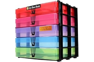 WestonBoxes A4 Box Stak, Stackable Craft Storage Box Unit Including Plastic A4 Storage Boxes with Lids (Multi-Colour, Pack of 1)