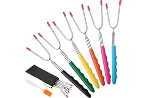 OFFCUP Barbecue Forks, 6pcs Marshmallow Toasting Forks, Extendable Stainless Steel Marshmallow Roasting Sticks Hot Dog Forks BBQ Smores Skewers for Fire Pit and BBQ Campfire Party