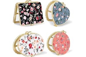 MisFun 4 Stück Kompaktspiegel, Taschenspiegel Kleiner Spiegel für Geldbörse, Tragbarer Reise Make up Minispiegel, Retro Blume Faltbarer Doppelseitiger 1x/2x Vergrößernder für Frauen und Mädchen