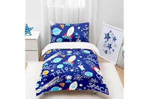 CINYE Outer Space Boys Cot Bed Duvet Cover For Kids 120×150 cm Toddler Bedding Set With Zip Fastening Comes With 40x60 cm Pillowcase 3D Rockets Planets Stars Quilt Cover