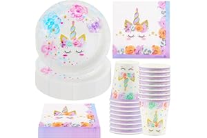 Hmfmdy Einhorn Partygeschirr Set, 52 Stück Einhorn Party Deko, Einhorn Geburtstag Geschirr Kit, Mit Pappteller Becher Servietten, Einhorn Kindergeburtstag Party Geschirr Supplies für 16 Gäste