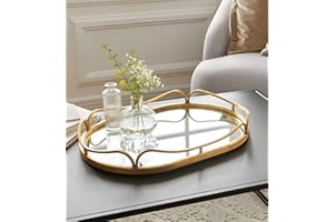 ‎DEKOLEIDENSCHAFT Dekoleidenschaft Spiegeltablett Gold 50x34 cm groß, Tablett mit großer Spiegelfläche, goldenes Metall, Serviertablett oval, Dekotablett,