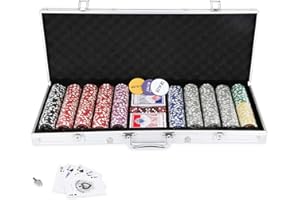 Lospitch Juego de póquer con 500 fichas, 12 gramos, fichas de póquer, 2 tarjetas, distribuidor, teclas pequeñas y grandes y 5 dados, plata con carcasa de aluminio.