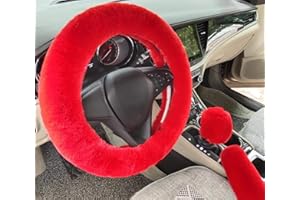IXITON Universal Épaississement Faux Fourrure Hiver Chaud Fluffy Furry Fuzzy Housses de Volant de Voiture+Couvercles de Changement de Vitesse+Couvre Frein à main-3pcs/set (Red)
