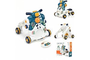 COSTWAY 3 in 1 Primi Passi Cavalcabile Spingibile, Giocattolo Educativo con Musica e Luci, con 4 Ruote Antiscivolo, Ideale per Bambini 6-36 Mesi (Blu)