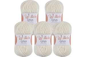 Wollidu Gina Chenille Lot de 5 pelotes de fil pour tricot et crochet - 5 x 100 g / 120 m - 100 % polyester - Crème