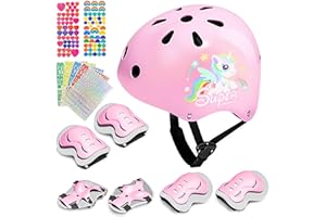 FALUCKYY Kids Bike Helmet & Pads Set - Unicorn Design, Knee & Elbow Pads, Wrist Guards for Cycling, Skateboarding & Roller Skating
