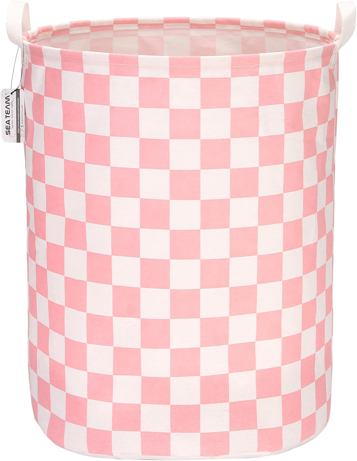 Sea Team 19.7 Inch Large Sized Waterproof Coating Ramie Cotton Fabric Folding Laundry Hamper Bucket Cylindric Burlap Canvas Storage Basket with Stylish Grid Pink Design