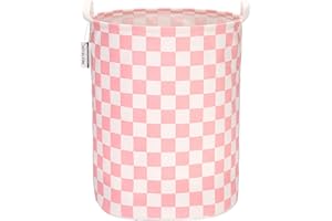 Sea Team 19.7 Inch Large Sized Waterproof Coating Ramie Cotton Fabric Folding Laundry Hamper Bucket Cylindric Burlap Canvas Storage Basket with Stylish Grid Pink Design