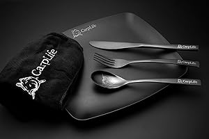CARPLIFE PRODUCTS LTD CarpLife Luxury Camping Dining Set - Fishing Plate Set for one - Carp Fishing Dinner Set - Fishing Plate and Cutlery Set - Microfibre Hand Towel - Black Fishing Cutlery
