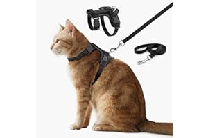 Plutus Pet Adjustable Cat Harness and Lead Set, Quick Release, Escape Proof Nylon Vest with Leather Trim for Kitten, Small Medium Large Cats, Black