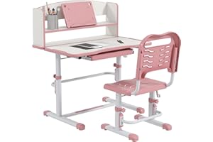 ZONEKIZ Kinderschreibtisch mit Stuhl, höhenverstellbares Schulschreibtisch-Set mit Schublade und kippbarer Platte, Alter 6-12 Jahre, rosa
