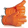 Silicone Gloves Oven Mitts Heat Resistant BBQ Smoker Grill Gloves Handle Hot Food Pulled Pork Gloves for Cooking Baking Grilling Barbecue Potholder Five Finger Gloves with Inner Cotton Layer - Orange
