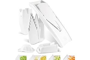 Börner Mandoline V1 (Set Professionnel) • Coupe Légumes + 4 Inserts, Porte-fruits, Station d'accueil, Boîte de Rangement • Mandoline Réglable • Tranches, Juliennes, Dés • Blanc