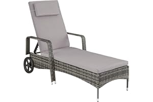 tectake® Rattan Garden Sun Lounger, 6-Level Adjustable Backrest, Plastic Weave, Outdoor and Indoor Use, Easy-Care Garden Recliner Chair with Padding & Cushion, Rubber Wheels - grey