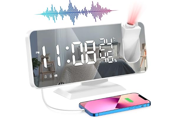 ShinePick Radio Réveil Numérique, Reveil Projecteur Plafond avec Miroir LED Écran, Double Alarme, Snooze, 6 Luminosité, Port USB, 12/24H, Horloge Digitale FM Radio Reveil Matin de Maison Bureau Blanc