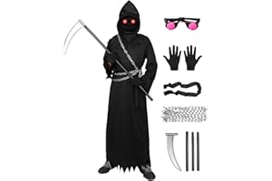 Formemory Sensenmann Halloween Kostüm Kinder Herren 7 Pcs Halloween Kostüm Kinder Jungen mit Brille Sense Kette Gürtel für Halloween Cosplay