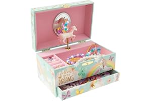 Alongen Musical Jewellery Box for Girls, 2 Layer Kids Dancing Music Box with Mirror Jewelry Organizer with Drawer Bracelet Ring Holder Case for Girls Kids Present(Green)