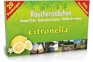 LUXFLAIR 20 confezioni di bastoncini di incenso alla citronella, durata della combustione circa 120 ore (totale). Alternativa alla candela alla citronella per esterni/giardino