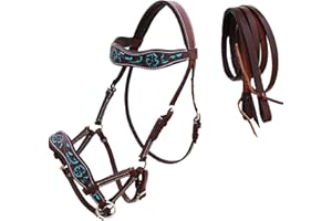 CHALLENGER Horse Western Tan Leather Padded Bitless Training Sidepull Bridle Reins