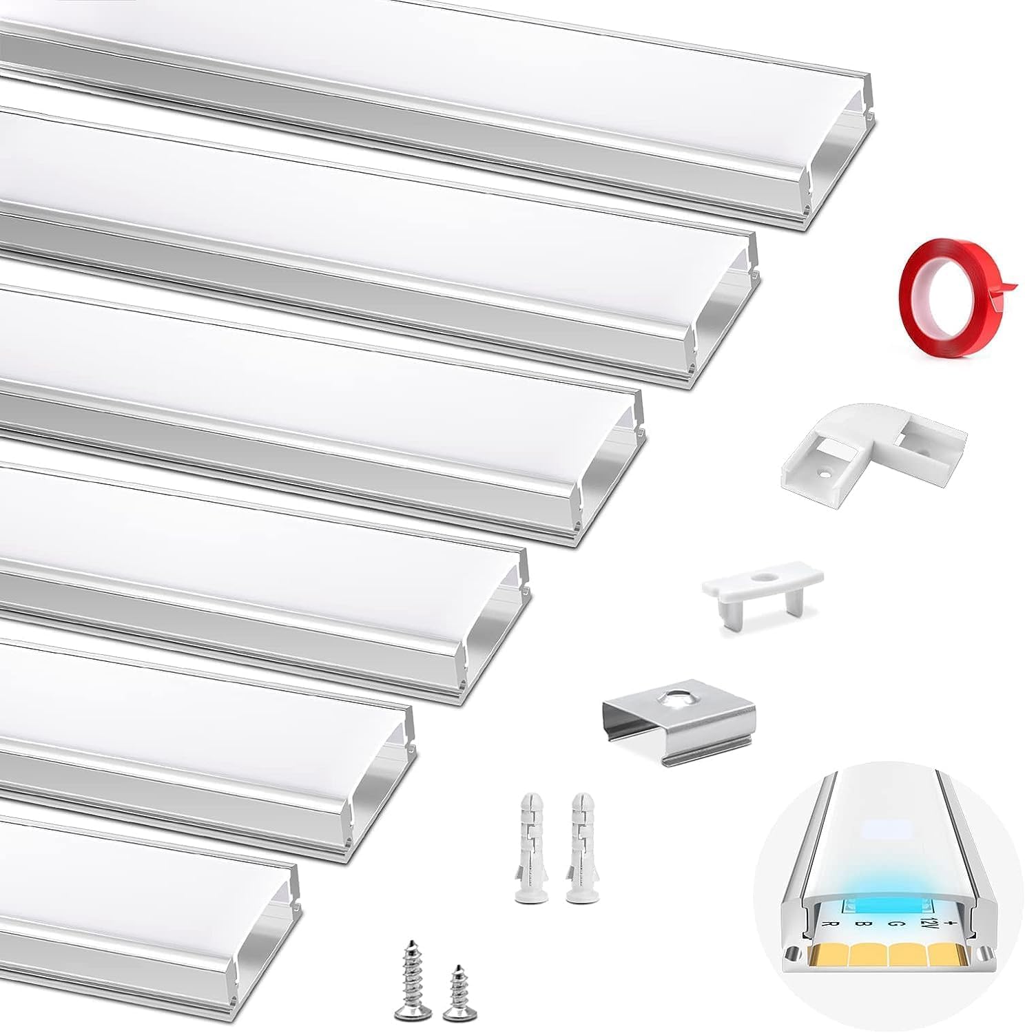 HOMMAND Profilé Aluminium LED 6 x 1m en U - Kit Complet avec Diffuseur, Connecteur d'Angle, Adhésif, Embouts et Clips de Montage pour Ruban LED