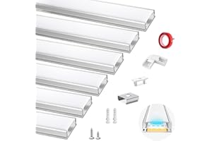 HOMMAND Perfil Aluminio Tira LED, 6 Pack 1m Perfil de Aluminio para LED Forma de U, Canal de aluminio LED y Difusor LED, con Conector de Esquina, Adhesivo, Tapas finales, Clips de Montaje
