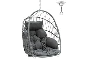 ‎YITAHOME YITAHOME Hängesessel Max. Belastung 150kg Hängestuhl ohne Gestell 2 Kissen, Stabiler Rattan-Rahmen, 105x74x72cm Hängesessel Hängend mit Einer Kette & S-Haken für Terrasse, Garten, Wohnzimmer, Grau
