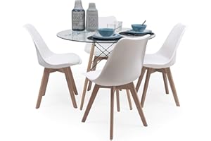 SENSACION DE HOGAR HOMELY MUEBLES DECORACION DESCANSO Homely - Conjunto de Comedor Tower Day Cristal Mesa de Cristal Redonda de 100 cm y 4 sillas Day (Blanco)