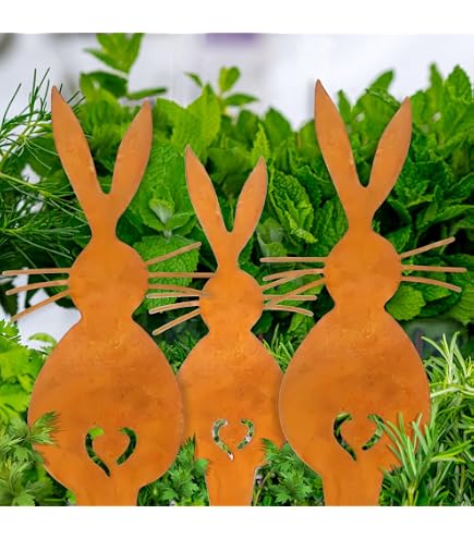 4er Set Osterhasen-Gartenstecker Aus Rost – Dekofiguren Für Draußen Im Frühling