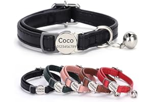 SEOUGEE Collar de gato de piel auténtica de liberación rápida con etiqueta de nombre personalizada, collares de gatito con campanas extraíbles y liberación de seguridad, hebilla grabada, ajustable de