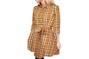 FANCYINN Mujer Plaid Cuadros de Manga Larga Túnica Tops Camisa Informal Vestido con cinturón