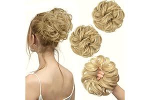 PORSMEER 2 pieces Messy Hair Buns Extensions Curly Wavy Hair Elastic Easy Scrunchies for Women Girls Large Synthetic Donut Updo Hair Pieces Hair Chignons Blonde