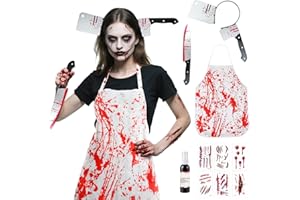 HERMORRYSS Halloween Blutige Schürze, Horror Kostüm, Zombie Kostüm Zubehör mit Gruseligem Haarschmuck, Gruselig Metzger Kostüm für Damen, Herren, Rollenspiele
