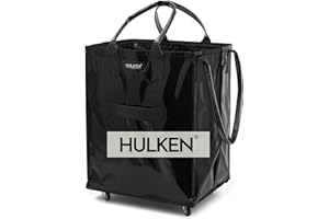 HULKEN - Large Black Shopping Trolley on Wheels Foldable & Reusable - Rolling Shopping Bag with Wheels - Wheeled Tote - 66 lb Limit, Zipper Closure, Water-Resistance, & Unbreakable Handles
