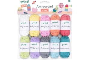 Gründl Laine Amigurumi – laine fine pour crocheter de petites figurines – brillante et respectueuse de la peau – 100% coton – 10 mini-pelotes 10 g / 23 m – taille d’aiguille 3–4Couleurs pastel