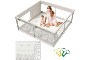 ZEEBABA Baby Playpen, Fence for Baby with mat,59x59inch Play Pen for Baby and Toddlers, Kids Play Pen for Indoor, Large Infants Play Yard with Hand Pull-Rings